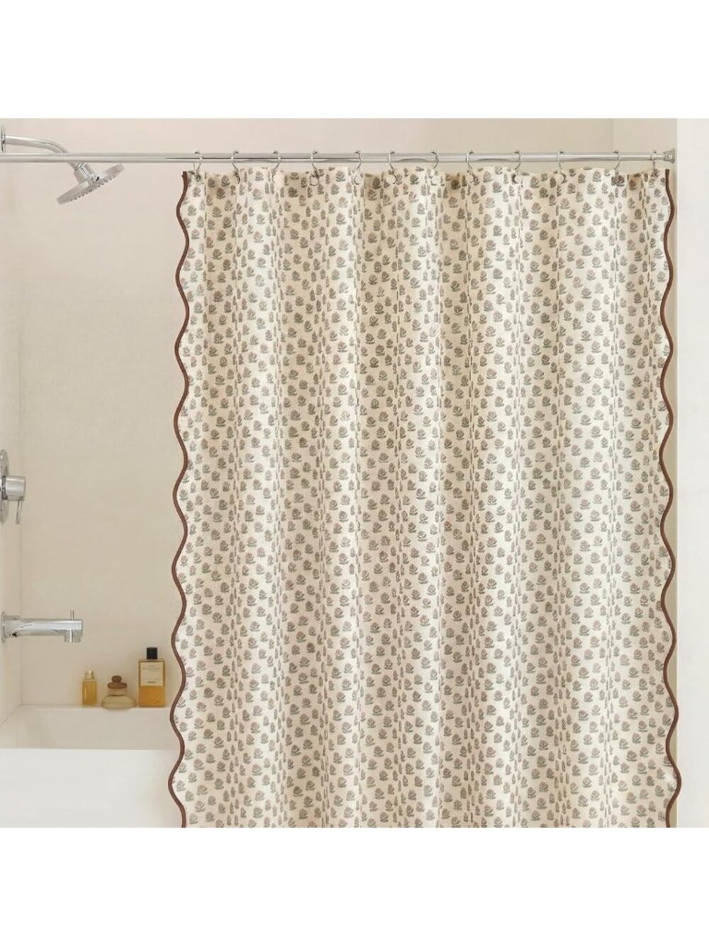 72” Cotton Linen Shower Curtain - Brown & White Begonia Print, Waterproof Bath